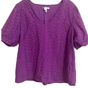 Draper James Purple Eyelet V-neck Puff Sleeve Top